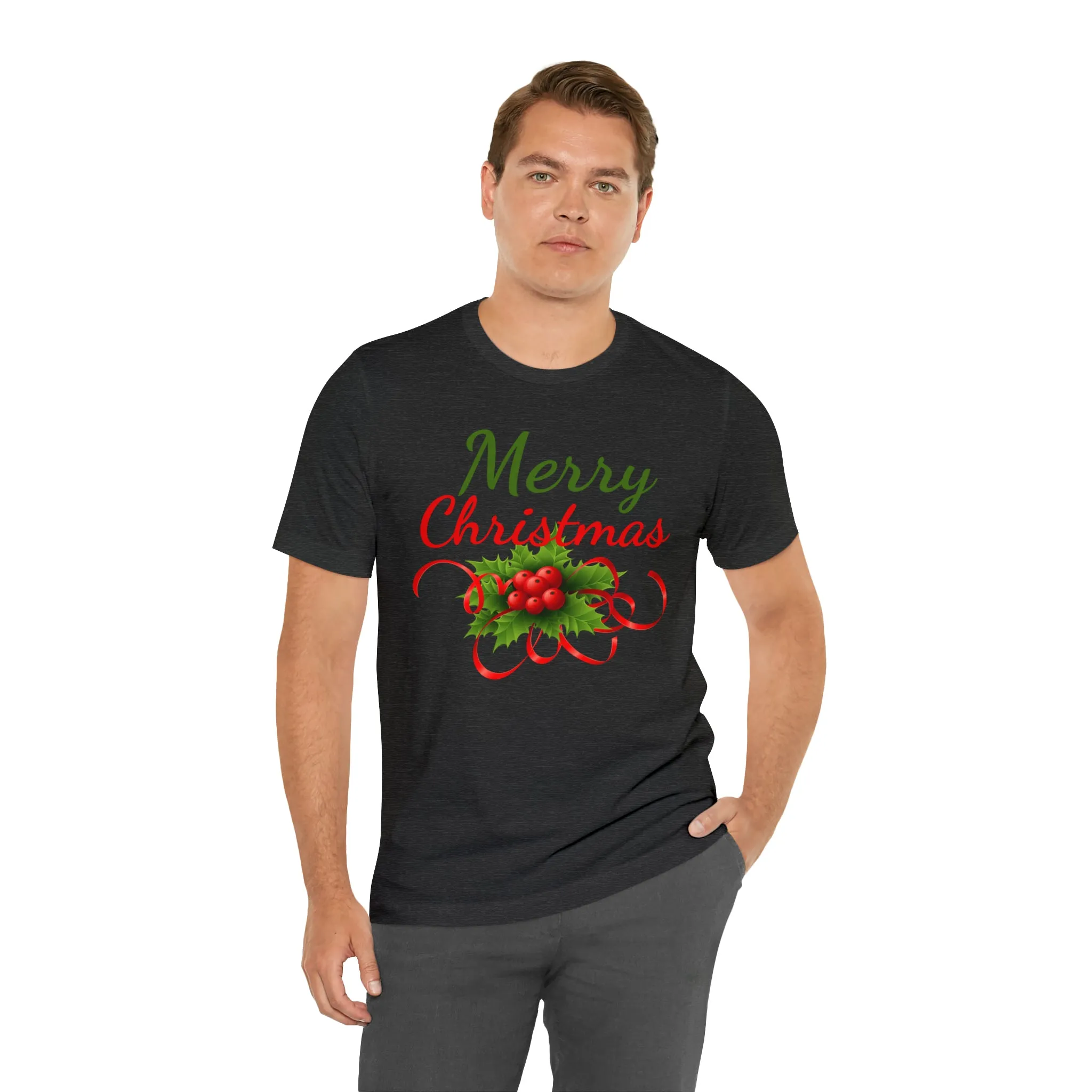 Merry Christmas Ribbon T-Shirt | Festive XMas Tee |  Bella Canvas 3001 Unisex | Happy Holidays Short Sleeve T-Shirt