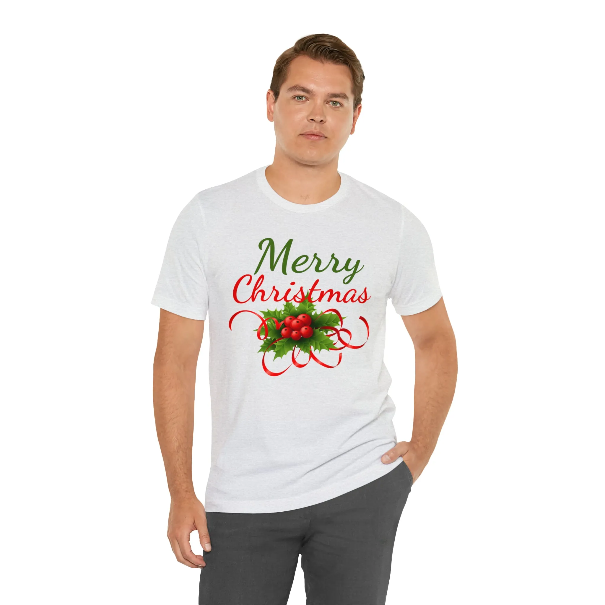 Merry Christmas Ribbon T-Shirt | Festive XMas Tee |  Bella Canvas 3001 Unisex | Happy Holidays Short Sleeve T-Shirt