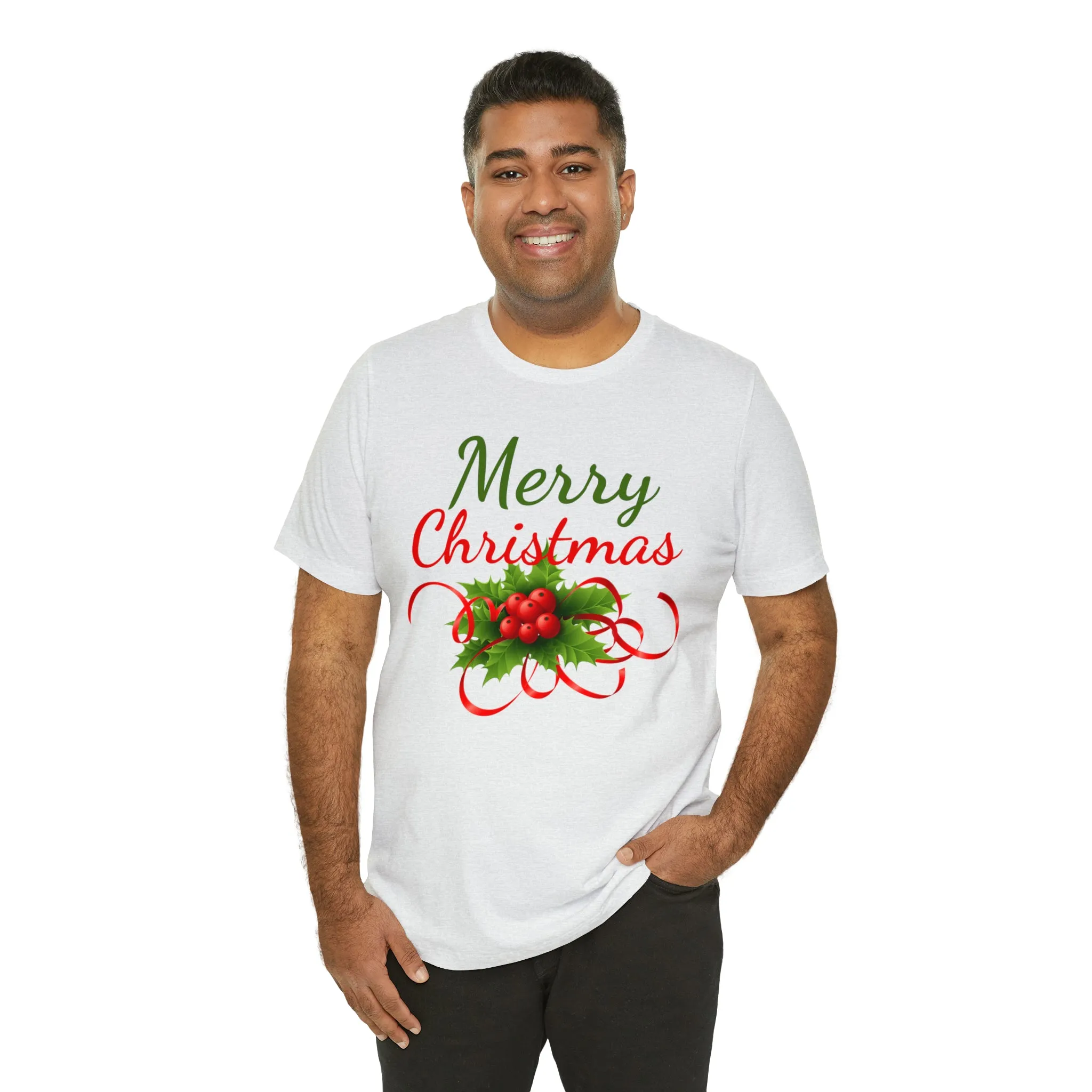 Merry Christmas Ribbon T-Shirt | Festive XMas Tee |  Bella Canvas 3001 Unisex | Happy Holidays Short Sleeve T-Shirt