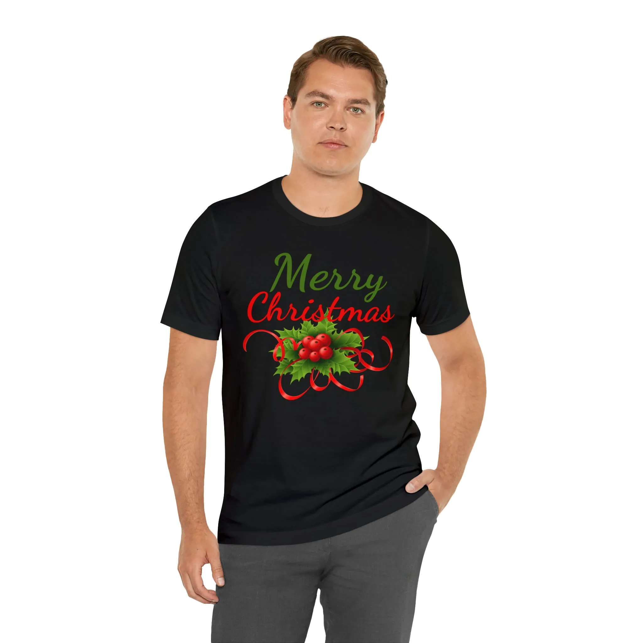 Merry Christmas Ribbon T-Shirt | Festive XMas Tee |  Bella Canvas 3001 Unisex | Happy Holidays Short Sleeve T-Shirt