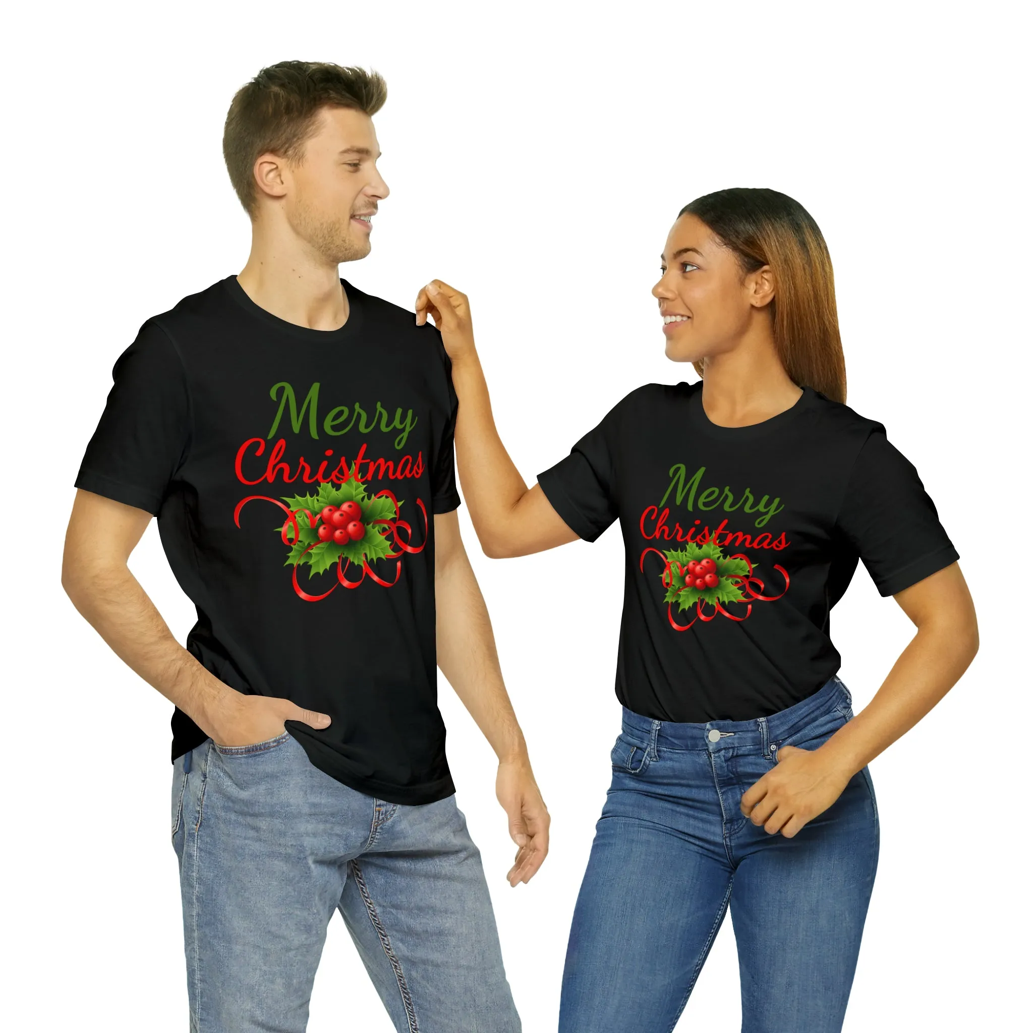 Merry Christmas Ribbon T-Shirt | Festive XMas Tee |  Bella Canvas 3001 Unisex | Happy Holidays Short Sleeve T-Shirt