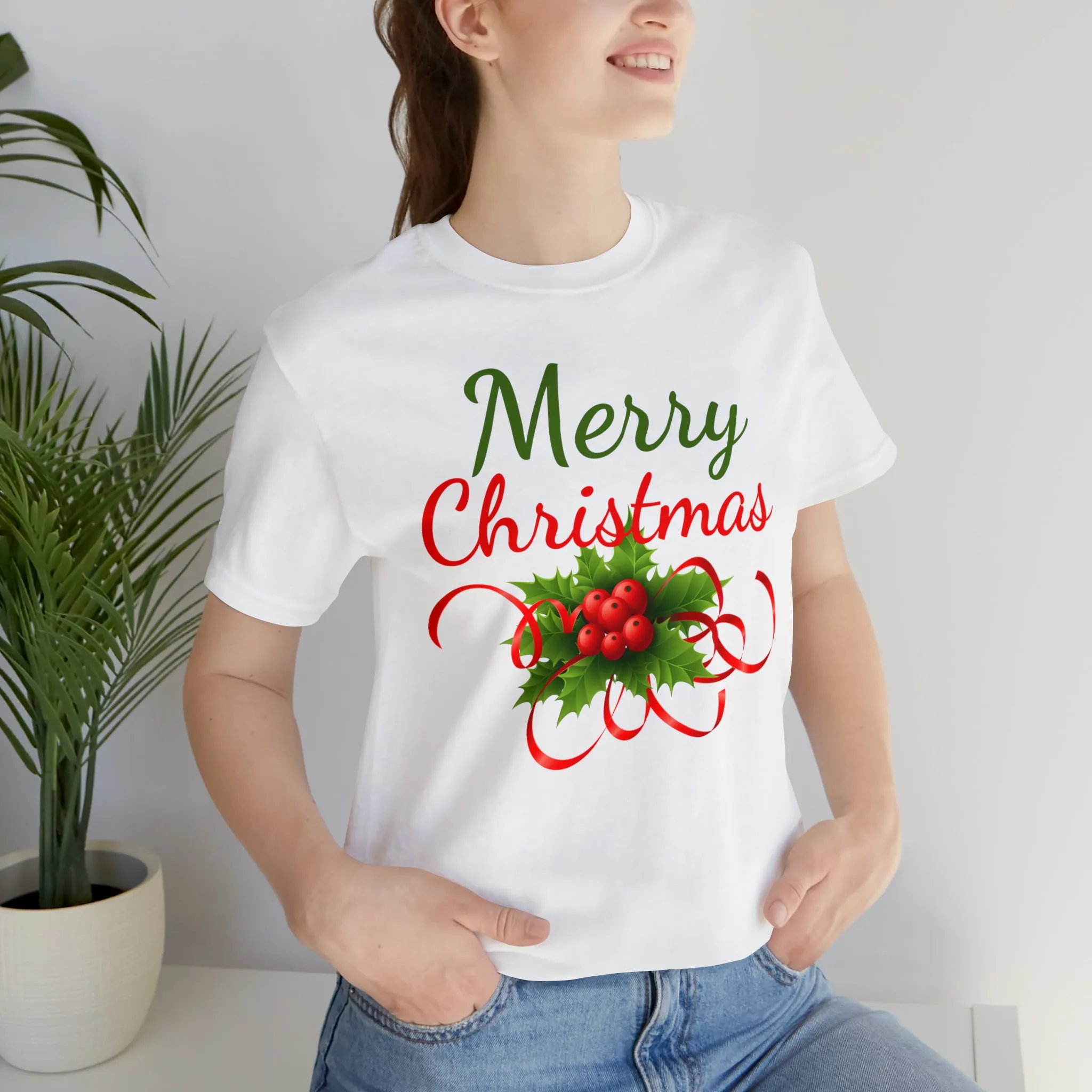 Merry Christmas Ribbon T-Shirt | Festive XMas Tee |  Bella Canvas 3001 Unisex | Happy Holidays Short Sleeve T-Shirt