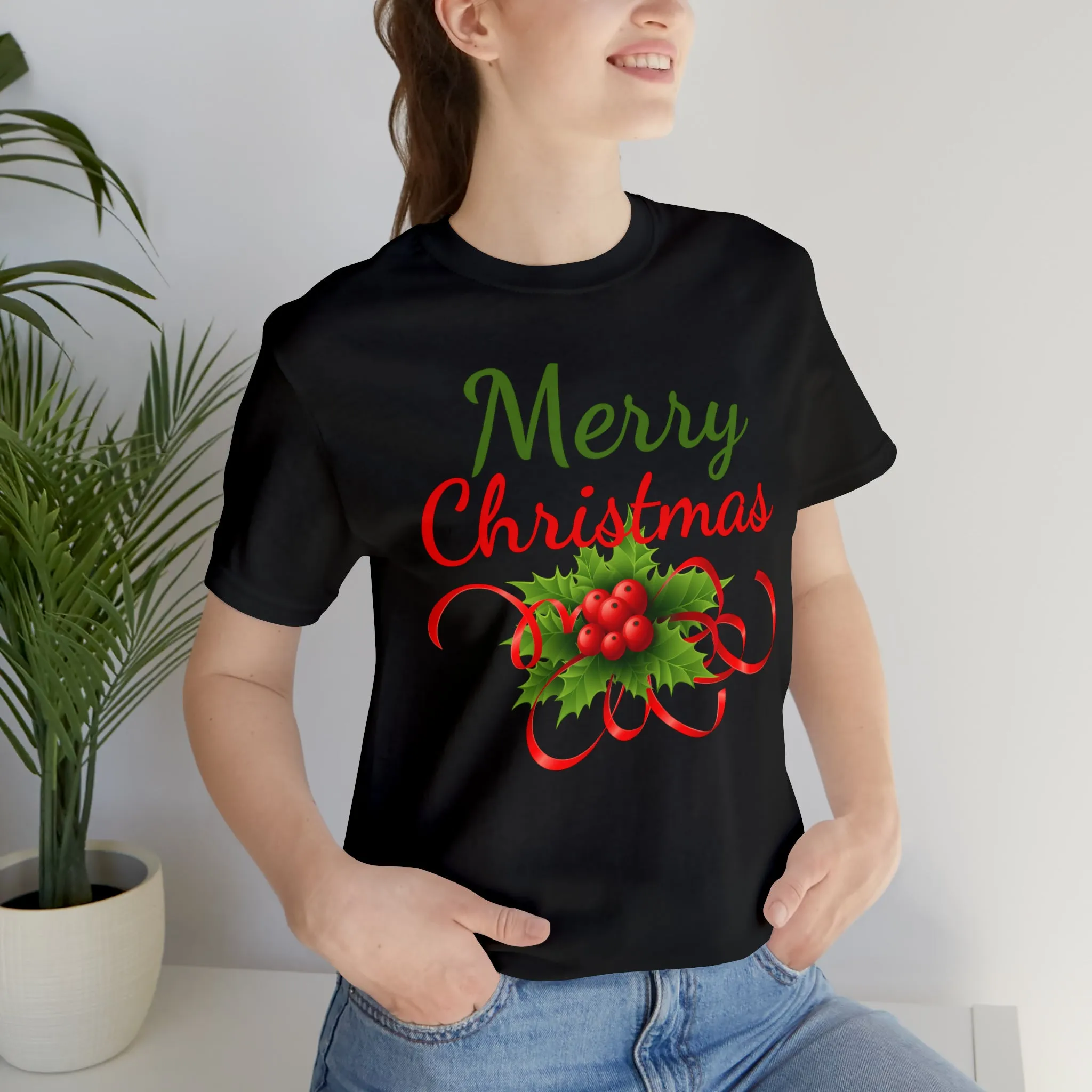 Merry Christmas Ribbon T-Shirt | Festive XMas Tee |  Bella Canvas 3001 Unisex | Happy Holidays Short Sleeve T-Shirt