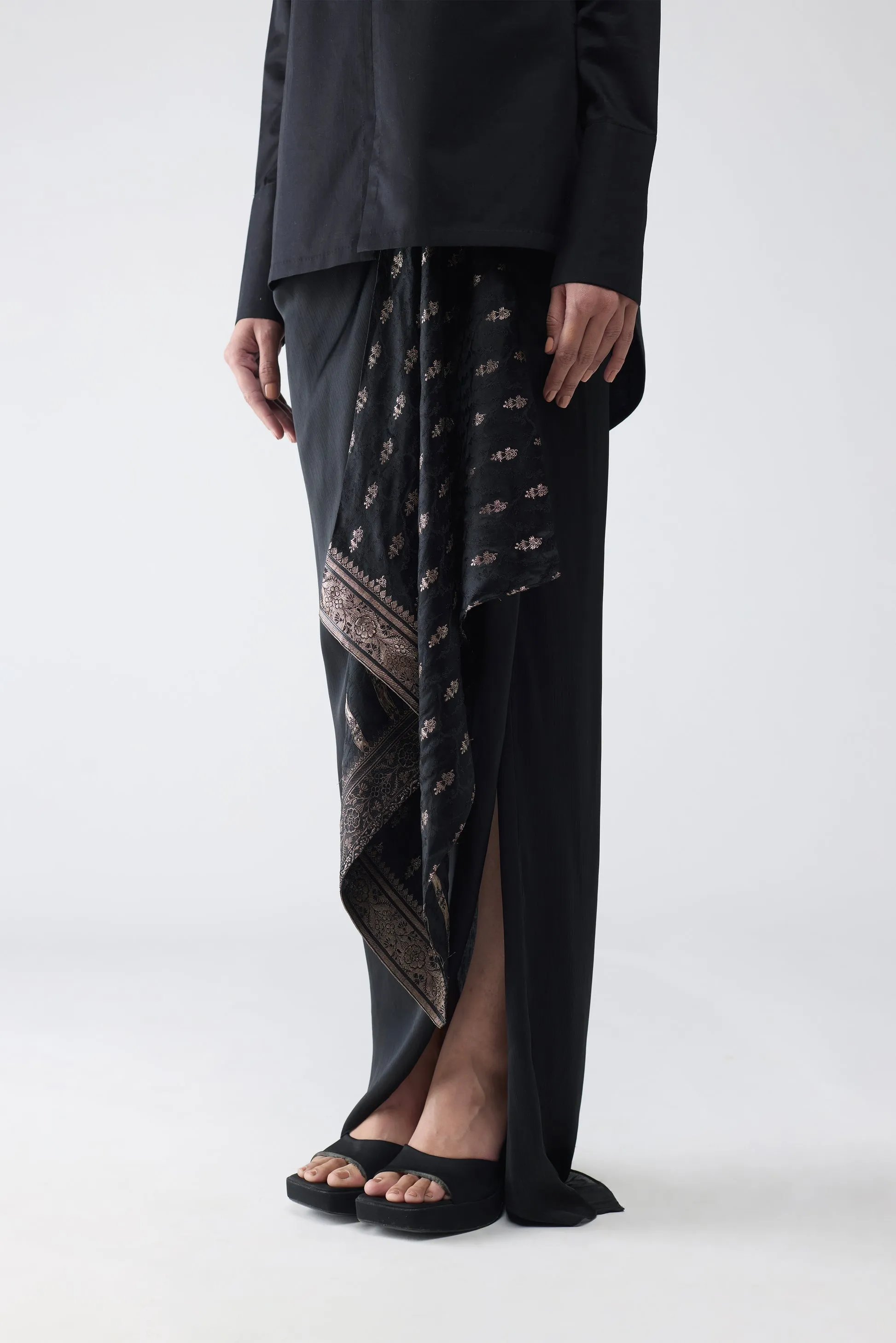Metallic Shirt With Vintage Banarsi Detailing And Draped Skirt