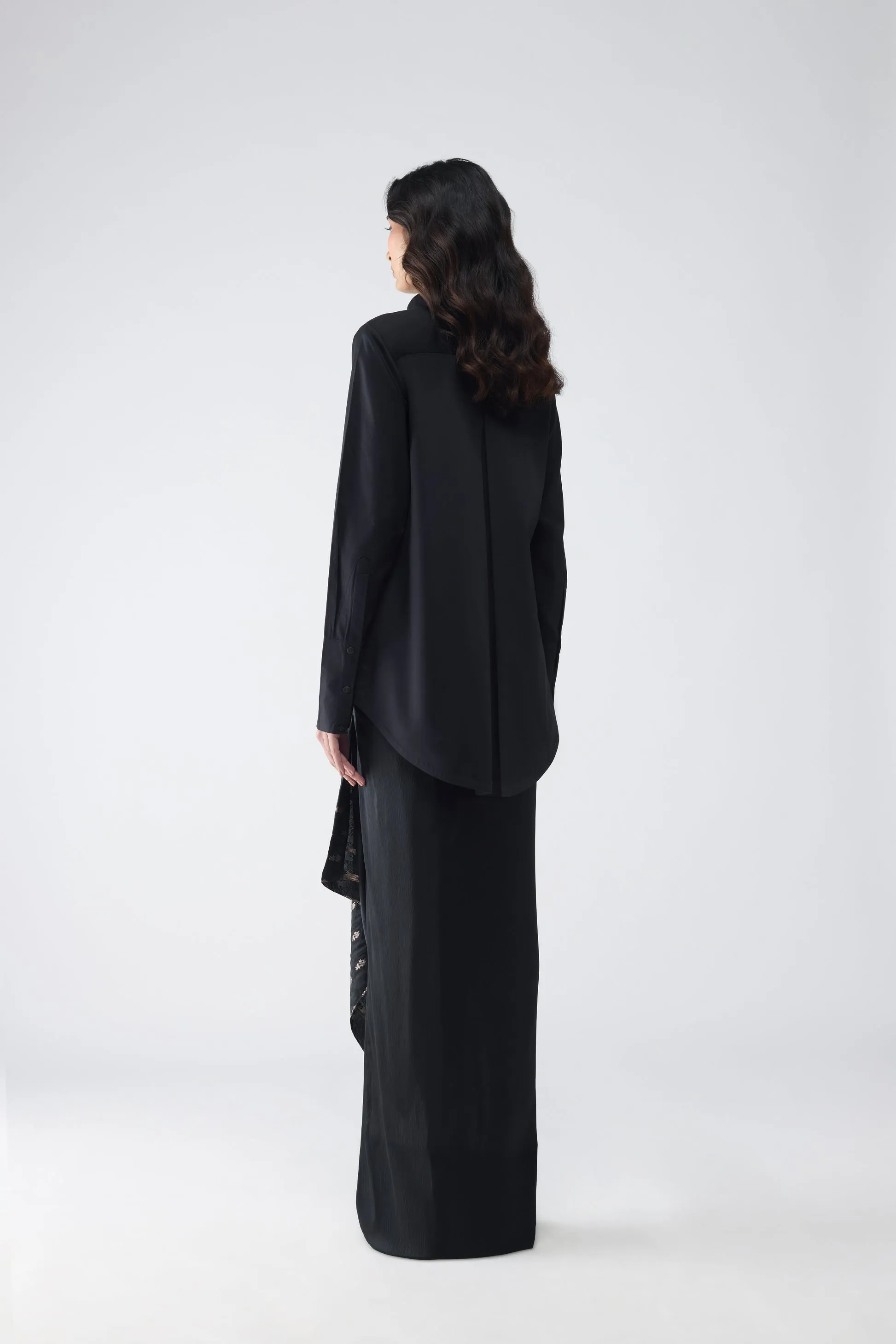Metallic Shirt With Vintage Banarsi Detailing And Draped Skirt