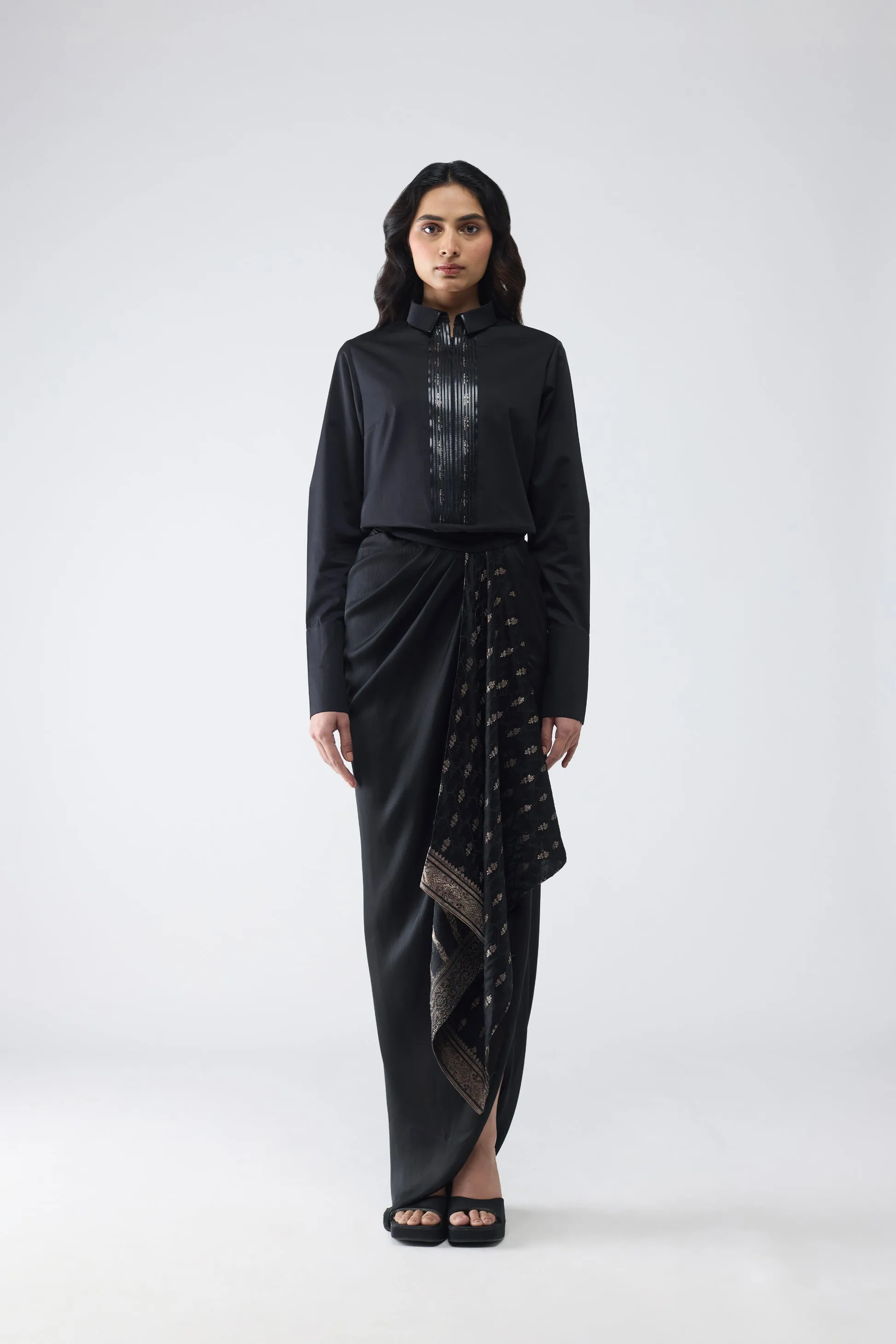 Metallic Shirt With Vintage Banarsi Detailing And Draped Skirt