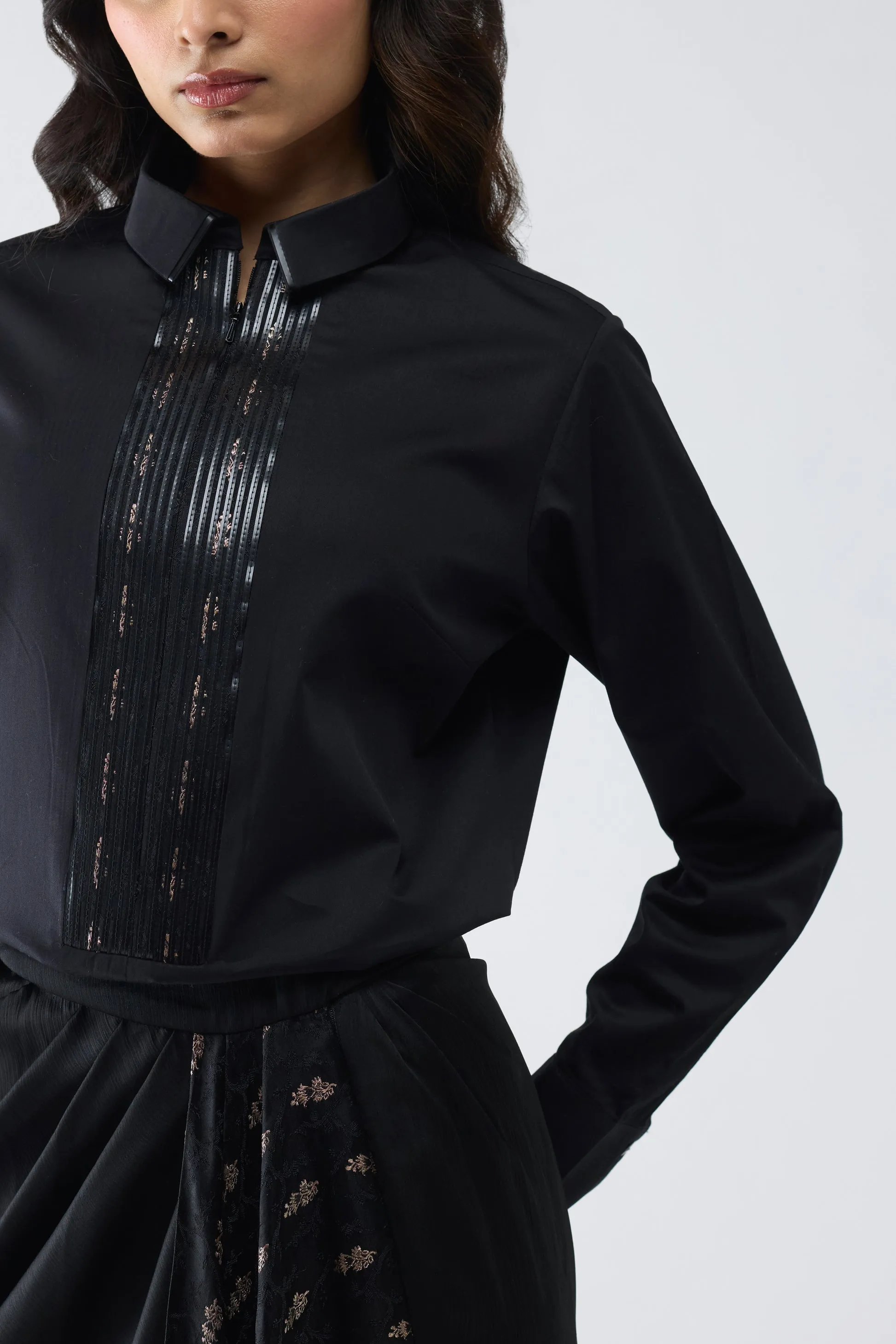 Metallic Shirt With Vintage Banarsi Detailing And Draped Skirt