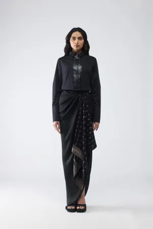 Metallic Shirt With Vintage Banarsi Detailing And Draped Skirt