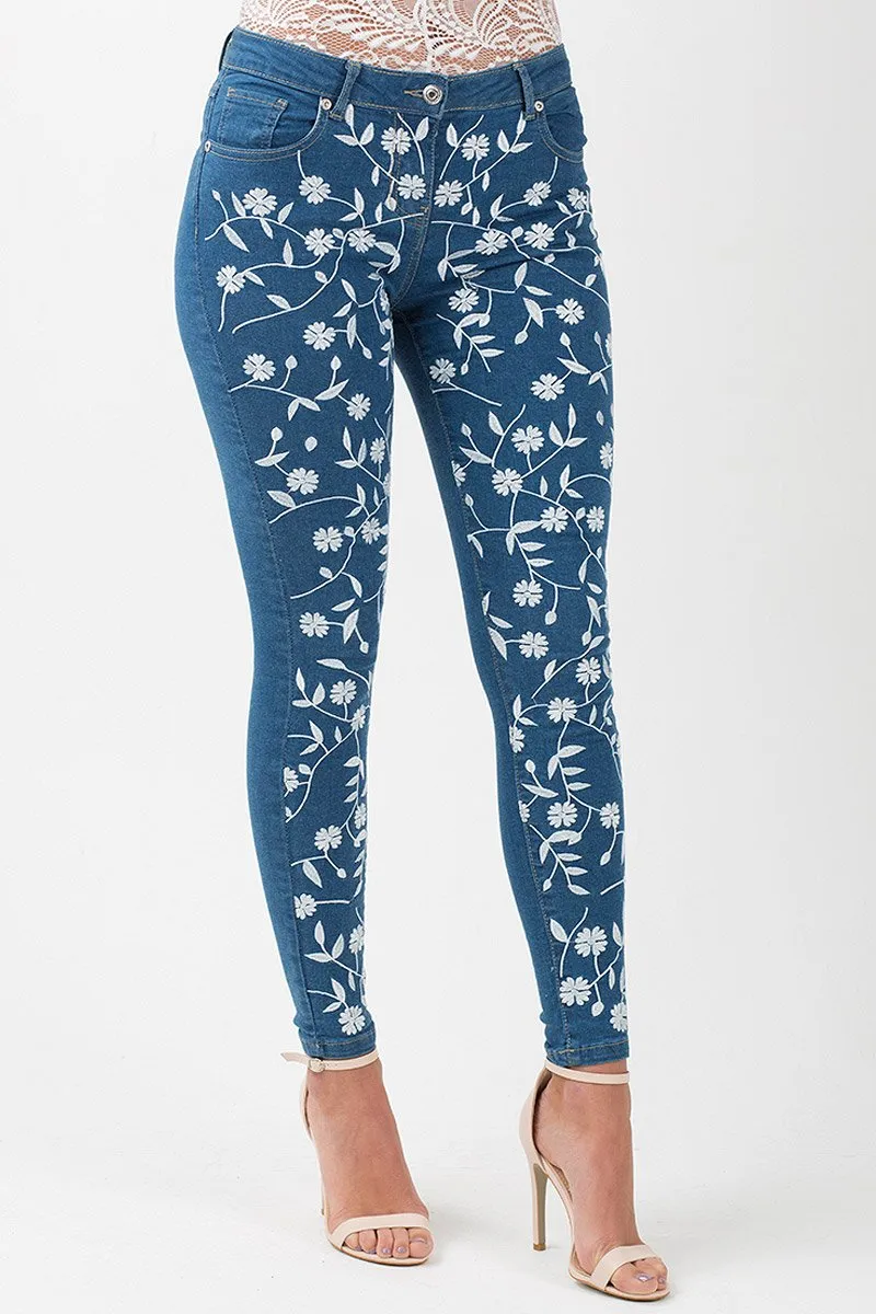 Mid Blue Embroidered Denim Jeans - Franki