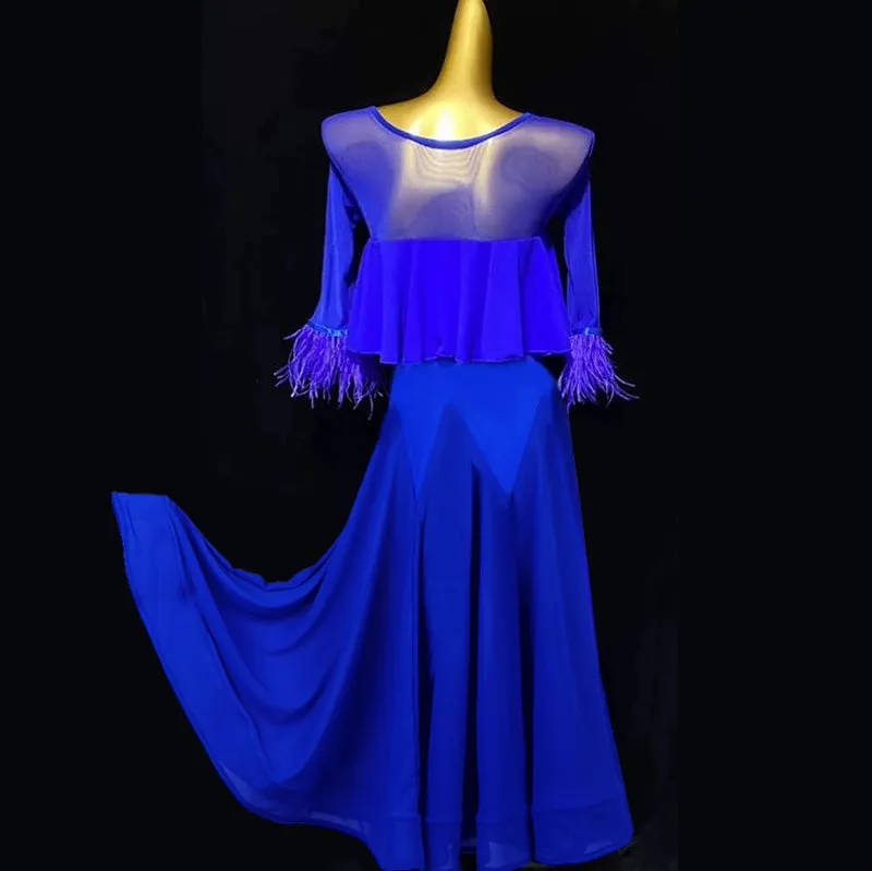 Mid-sleeved Red Feather Ballroom Dance Dresses for Women Girls Royal Blue Waltz Tango Party Competition Ball Gown Swing Skirts