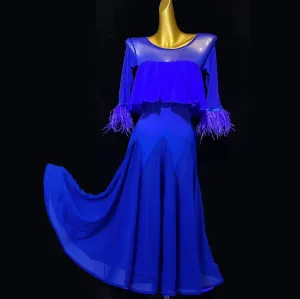 Mid-sleeved Red Feather Ballroom Dance Dresses for Women Girls Royal Blue Waltz Tango Party Competition Ball Gown Swing Skirts