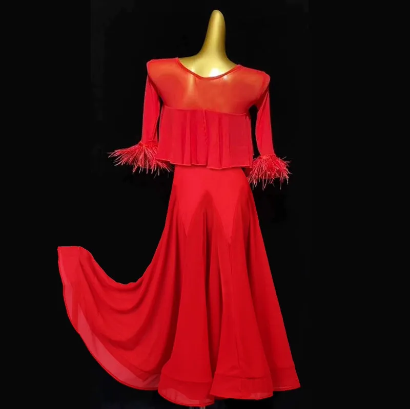 Mid-sleeved Red Feather Ballroom Dance Dresses for Women Girls Royal Blue Waltz Tango Party Competition Ball Gown Swing Skirts