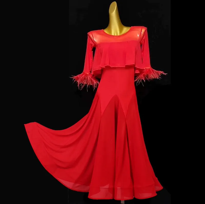 Mid-sleeved Red Feather Ballroom Dance Dresses for Women Girls Royal Blue Waltz Tango Party Competition Ball Gown Swing Skirts