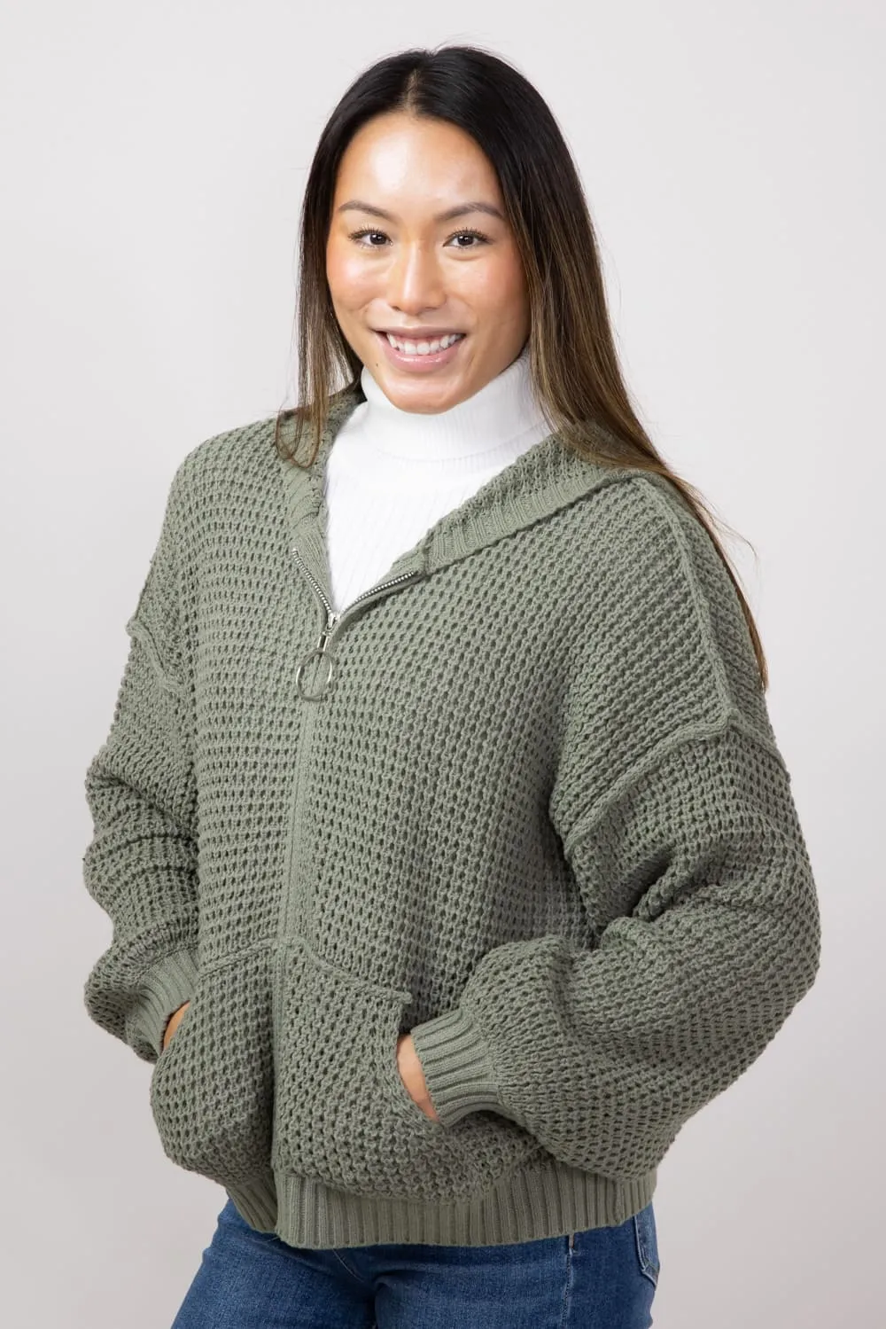 Miracle Textured Hooded Zip Sweater for Women in Sage | 7411-SAGE