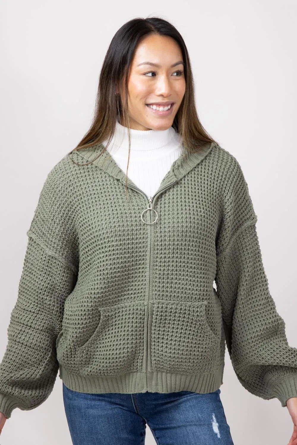Miracle Textured Hooded Zip Sweater for Women in Sage | 7411-SAGE