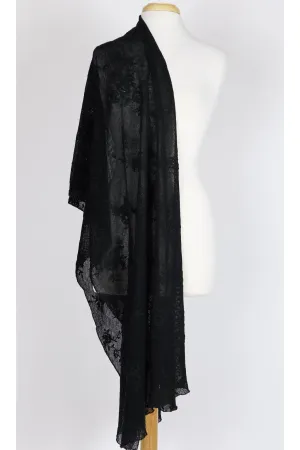 NANCY Long and Wide Embroidered Netting Shawl Black