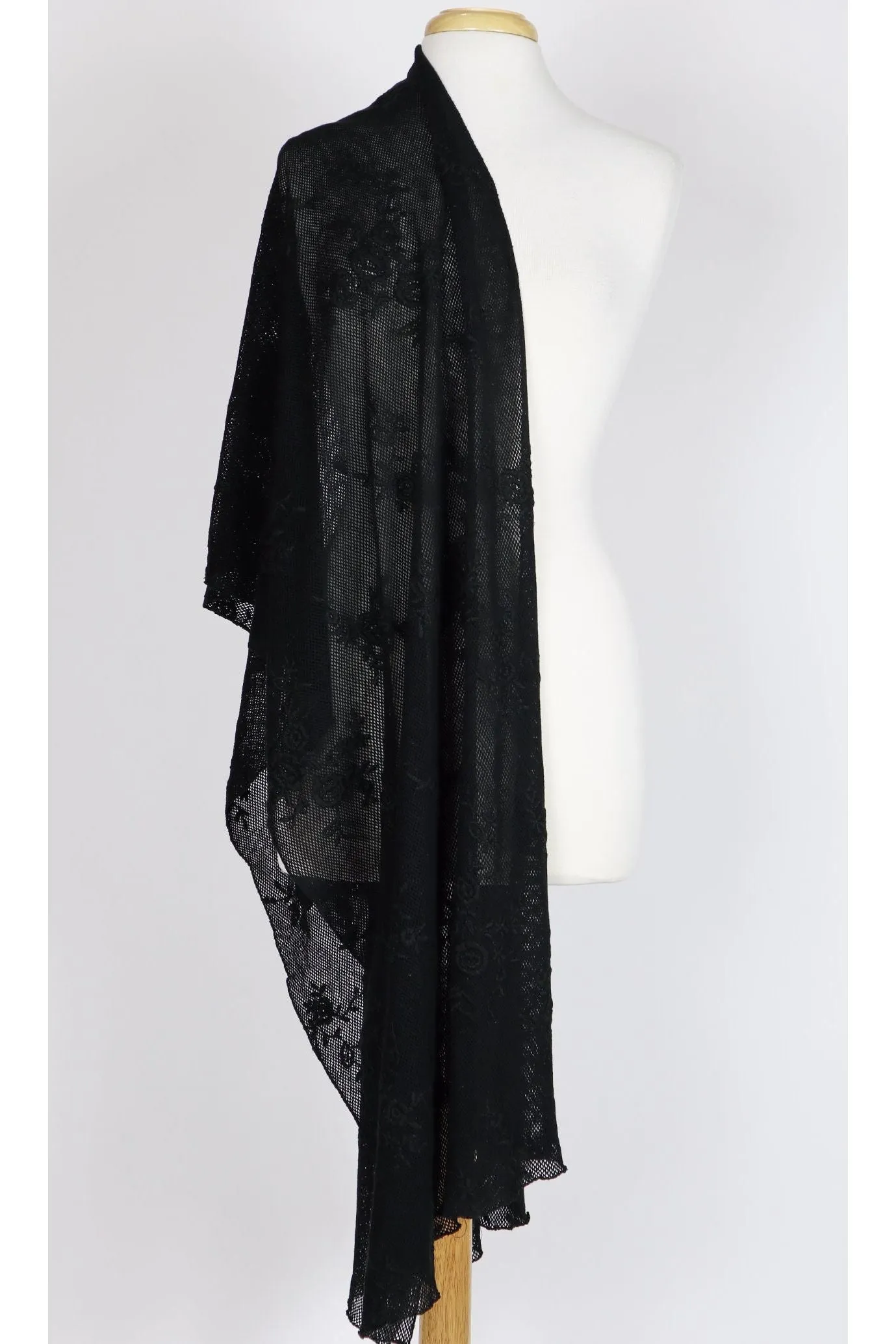 NANCY Long and Wide Embroidered Netting Shawl Black