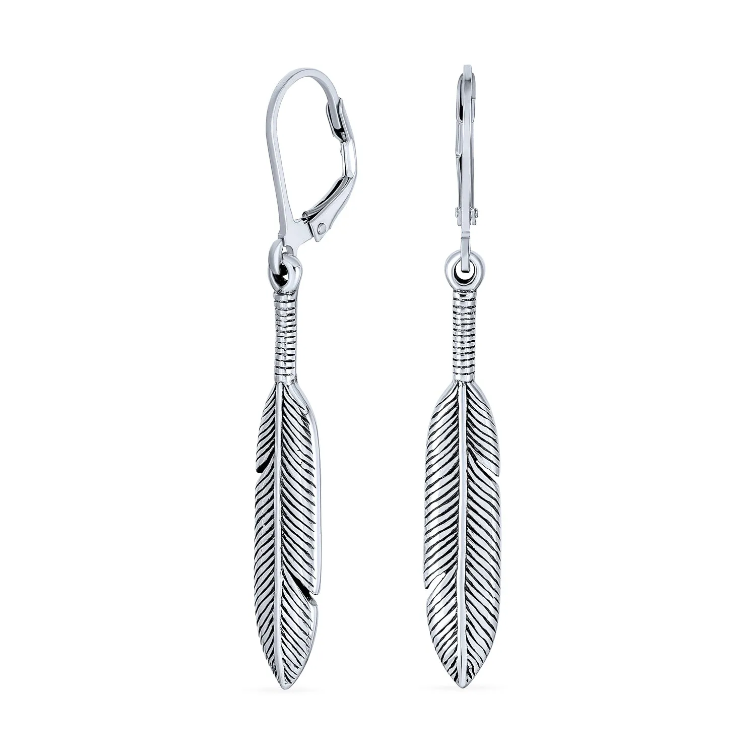 Native American Leaf Feather Two Tone Dangle Earrings Western Jewelry Silver