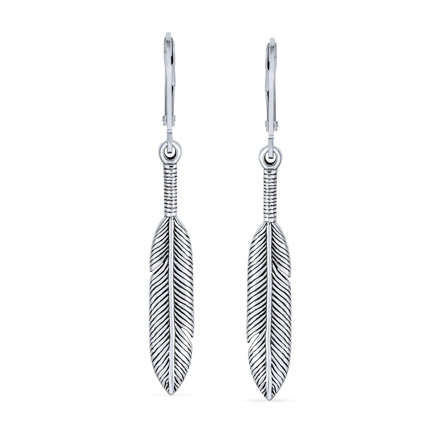 Native American Leaf Feather Two Tone Dangle Earrings Western Jewelry Silver