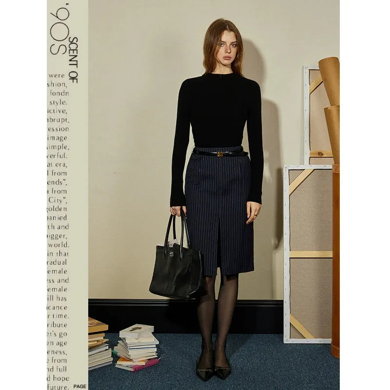 Navy Pinstripe Slit Skirt