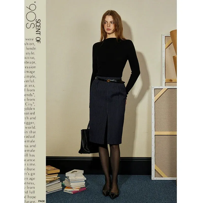 Navy Pinstripe Slit Skirt