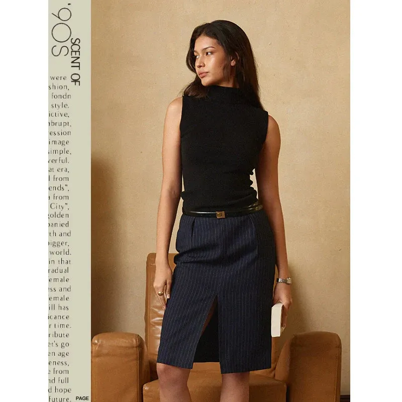 Navy Pinstripe Slit Skirt