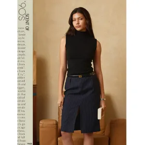 Navy Pinstripe Slit Skirt
