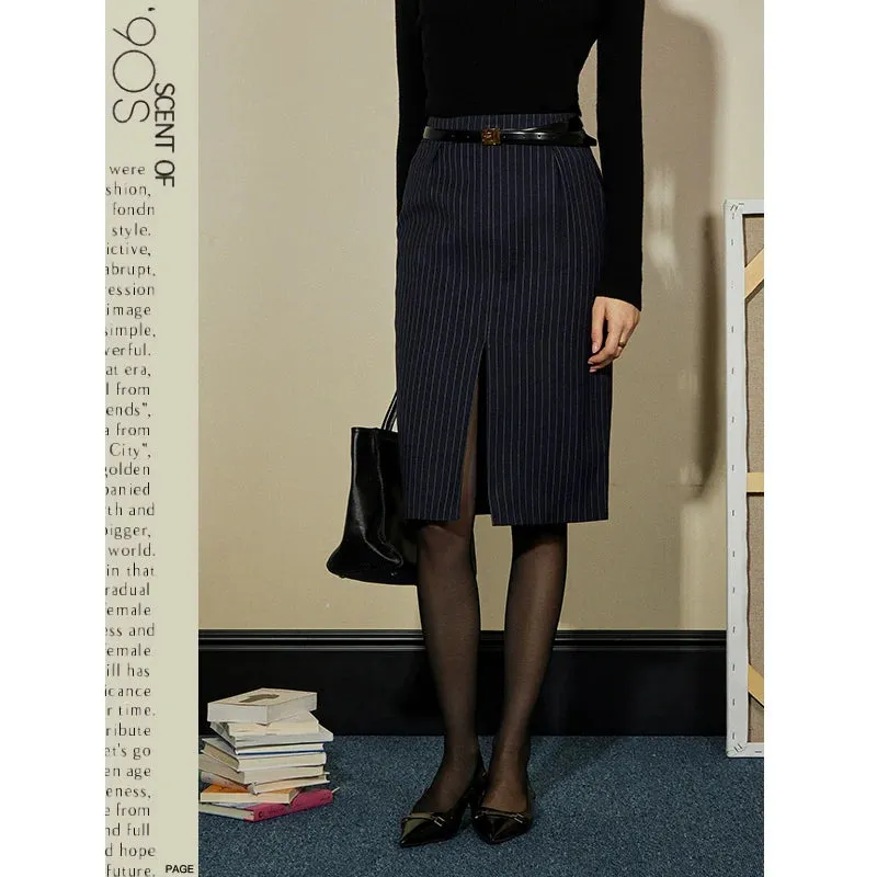 Navy Pinstripe Slit Skirt