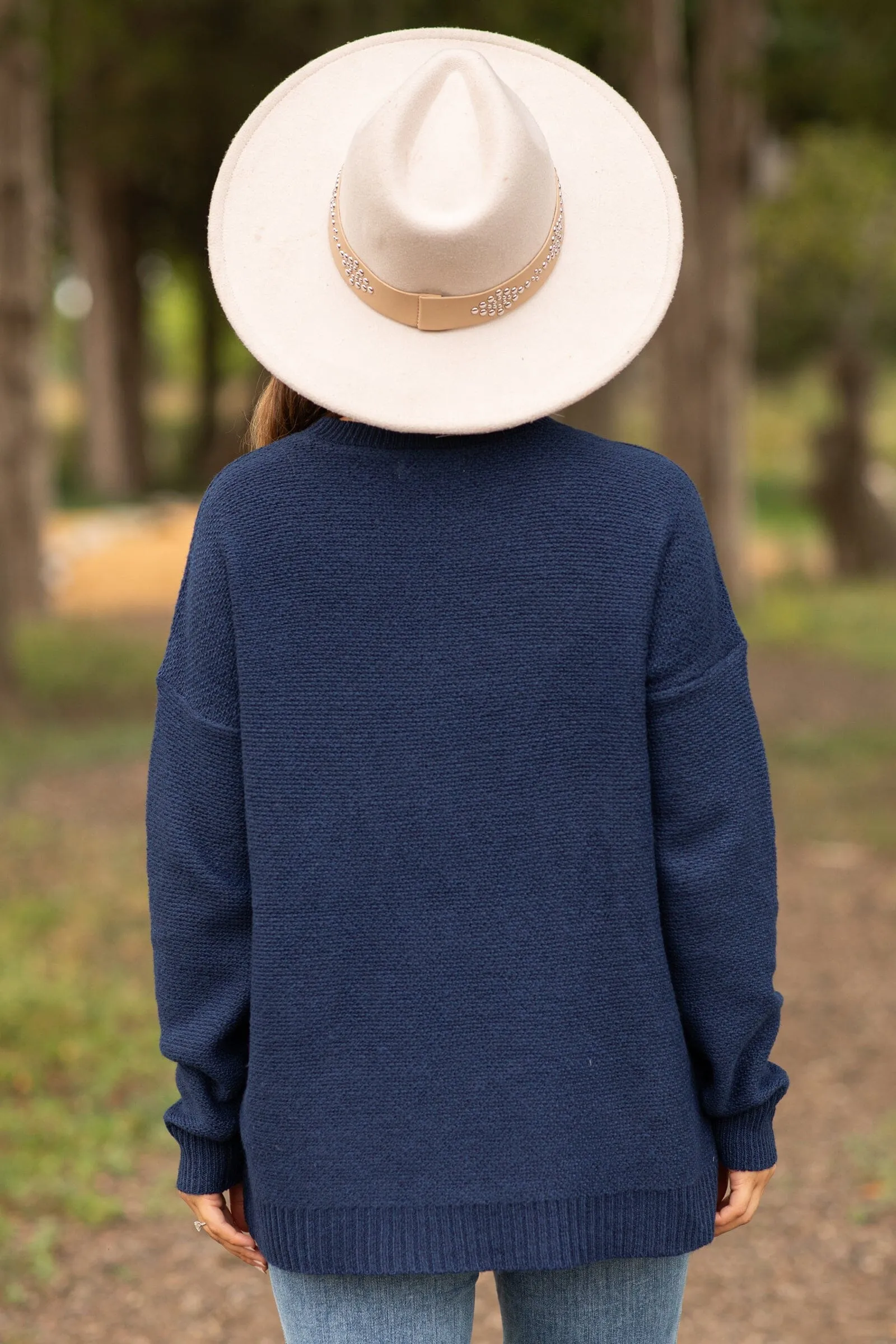 Navy Ribbed Trim Round Neck Sweater