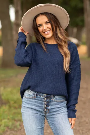 Navy Ribbed Trim Round Neck Sweater