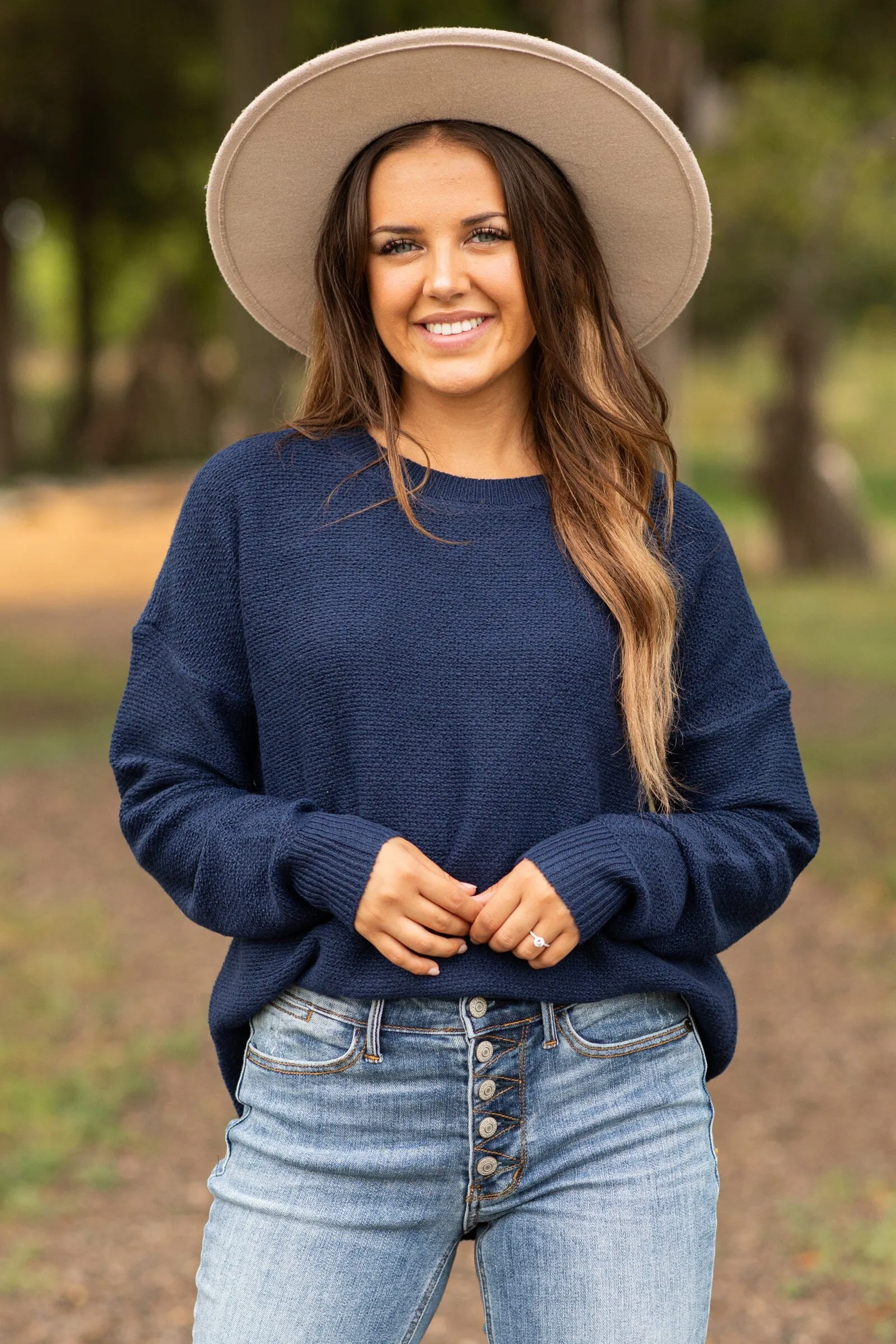 Navy Ribbed Trim Round Neck Sweater
