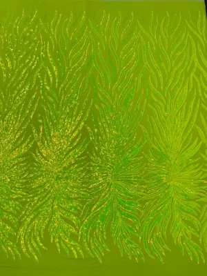 Neon lime green iridescent phoenix feather design with sequins embroider on a 4 way stretch mesh fabric-sold by the yard.