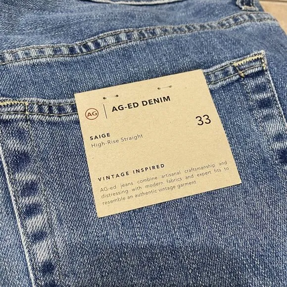 NEW AG Jeans Adriano Goldschmied Saige 33x33 High-Rise Straight Denim Jean AG-ED