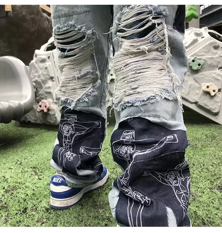 New splicing cross-style ripped slim fit jeans
