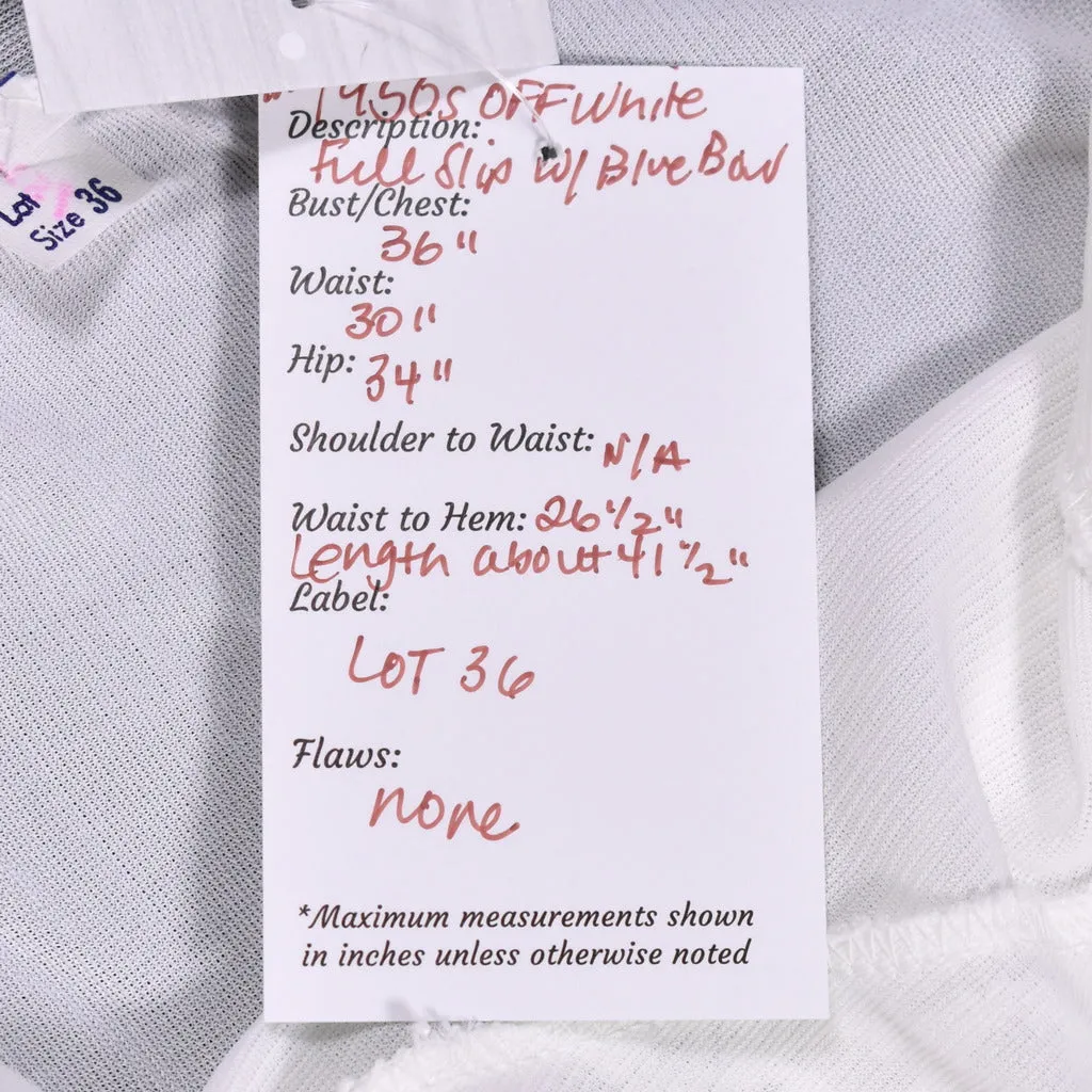 NWOT 1950s Off White Mermaid Hem Blue Bow Full Slip