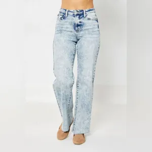 NWT Judy Blue High Waist Mineral Wash Raw Hem Wide Jeans
