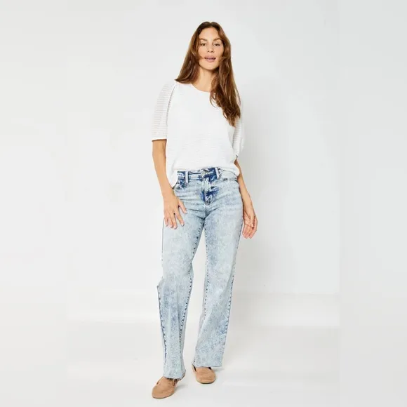 NWT Judy Blue High Waist Mineral Wash Raw Hem Wide Jeans