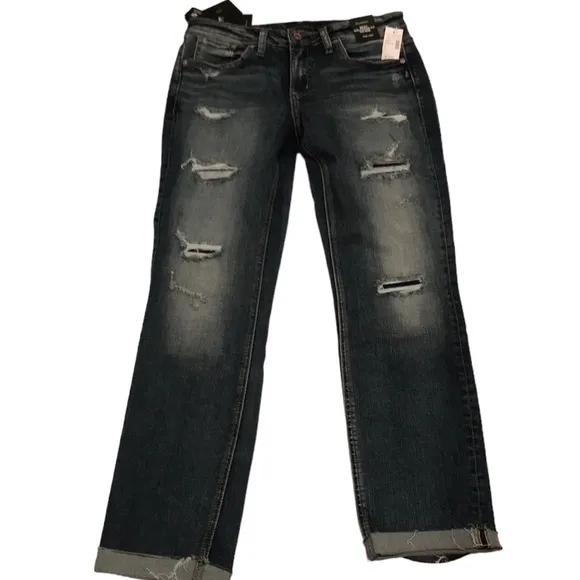 NWT SILVER JEANS BEAU GIRLFRIEND FIT MID RIDE CROP ANKLE HOLES 28 rips