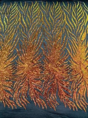 Orange iridescent phoenix feather design with sequins embroider on a Black 4 way stretch mesh fabric-sold by the yard.