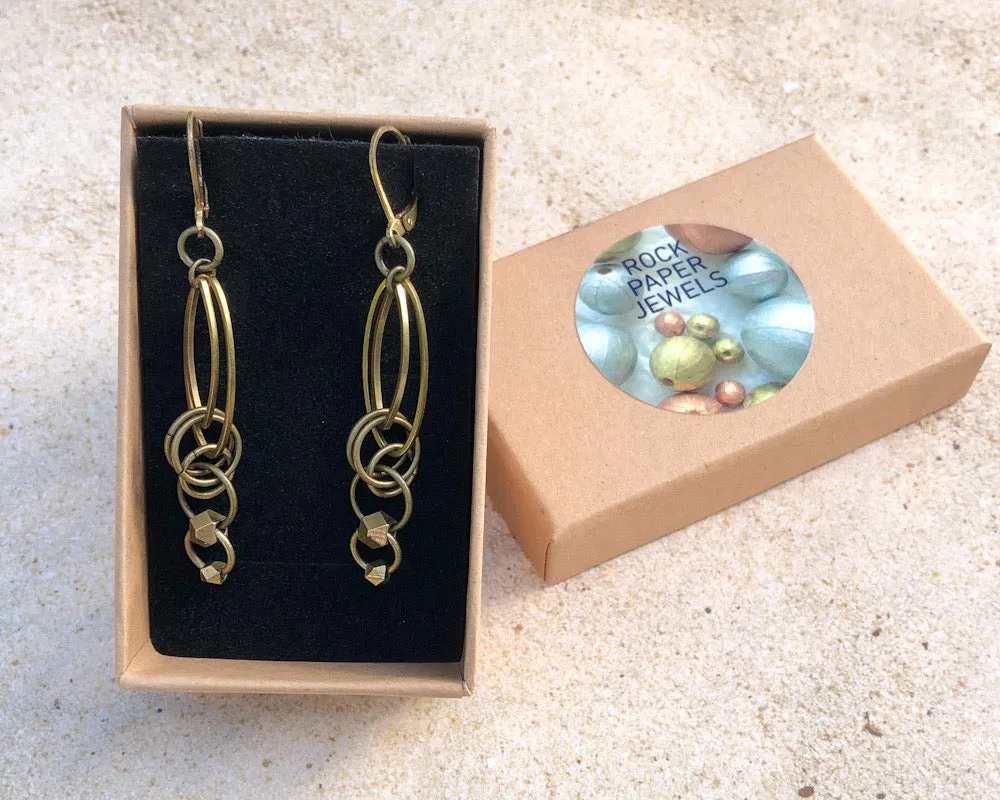 Oval Brass Link Earrings with Geometric Faceted Drop