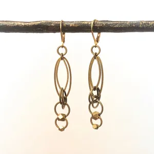 Oval Brass Link Earrings with Geometric Faceted Drop