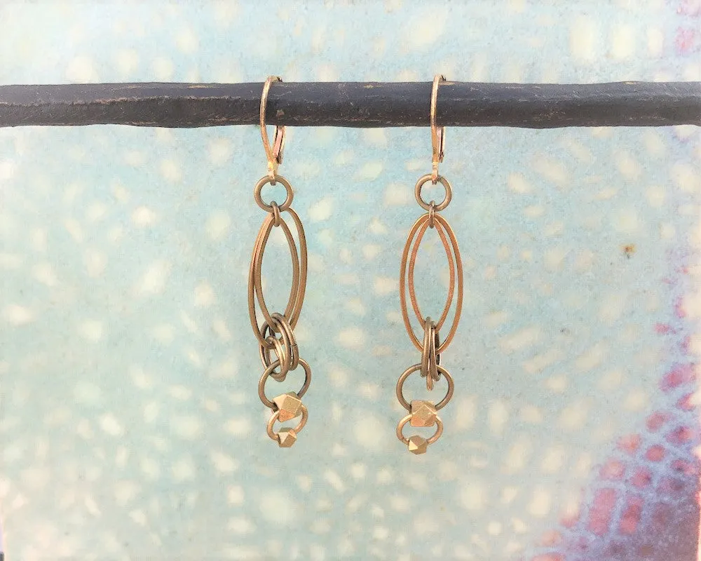 Oval Brass Link Earrings with Geometric Faceted Drop