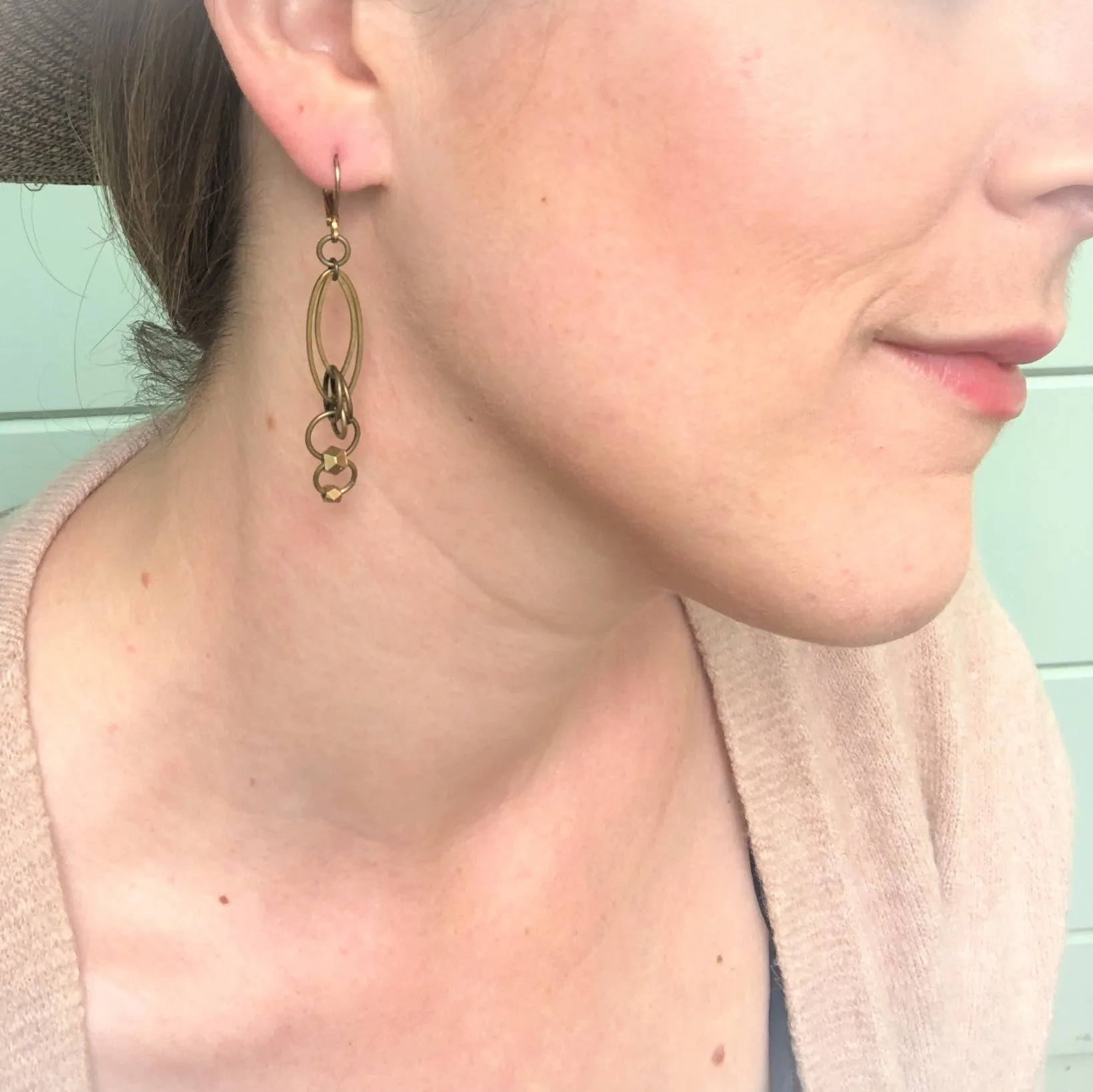 Oval Brass Link Earrings with Geometric Faceted Drop