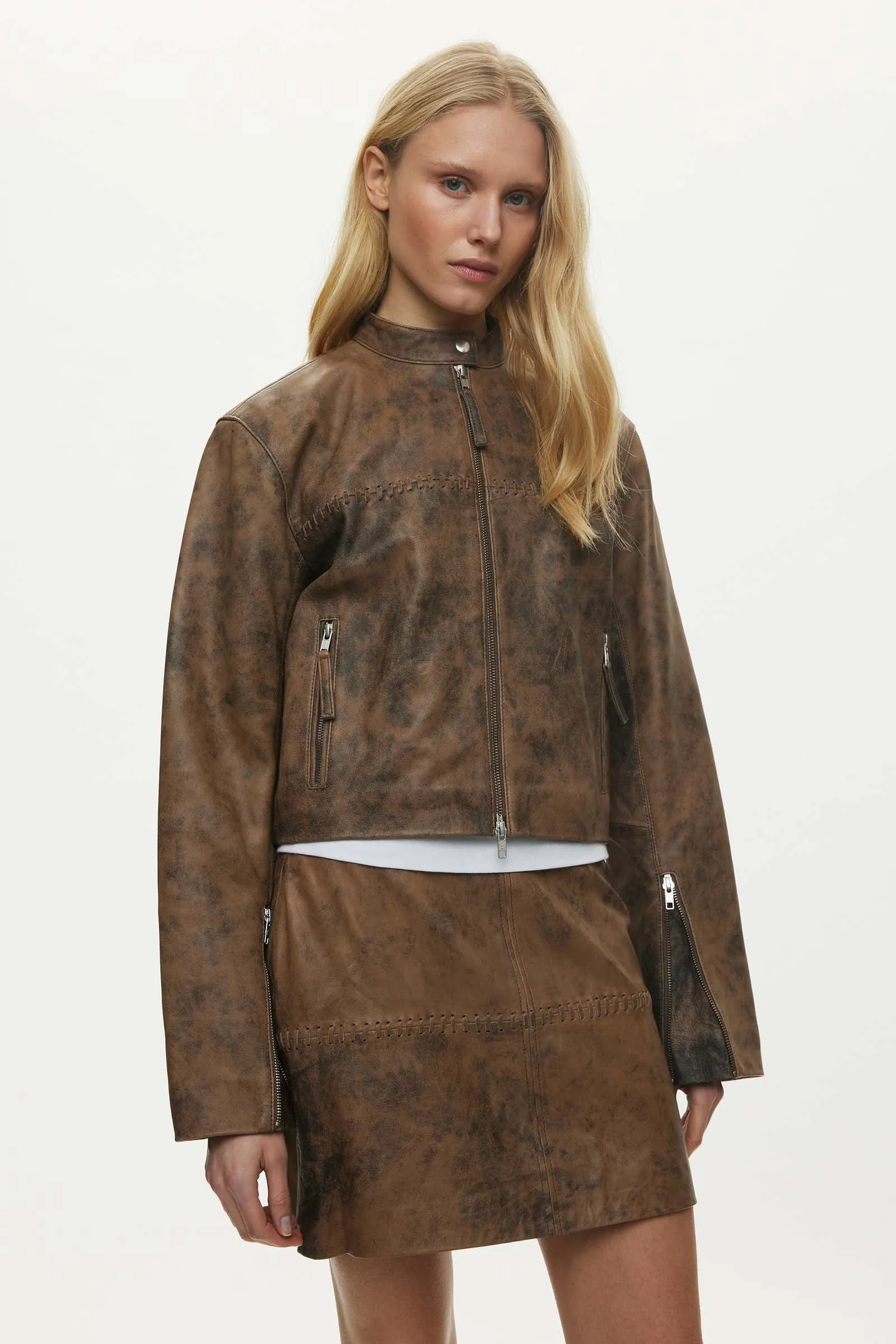 Oval Square Bee Leather Jacket // Pecan Brown