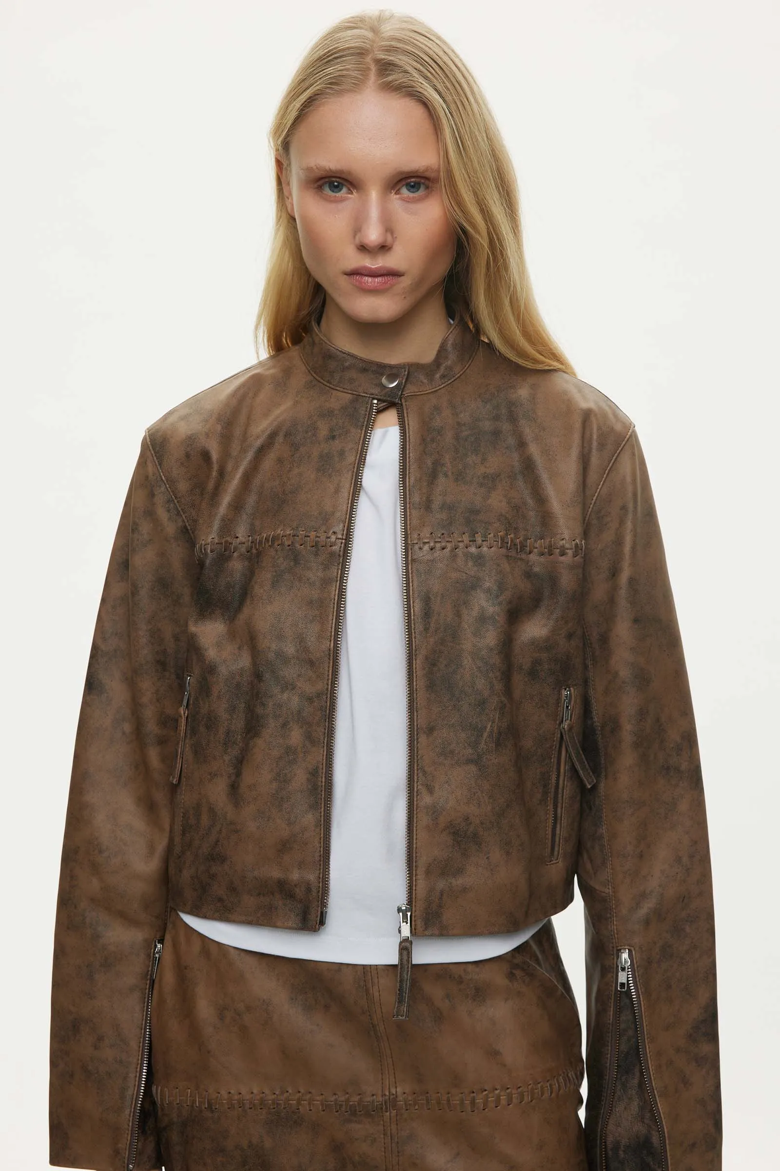 Oval Square Bee Leather Jacket // Pecan Brown