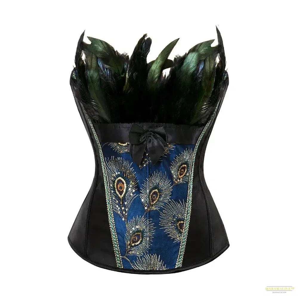 Peacock Costume Cosplay Corset Top for Women Blue Embroidery Peacock Feather Corset lingerie Sexy Overbust Corset With Skirt