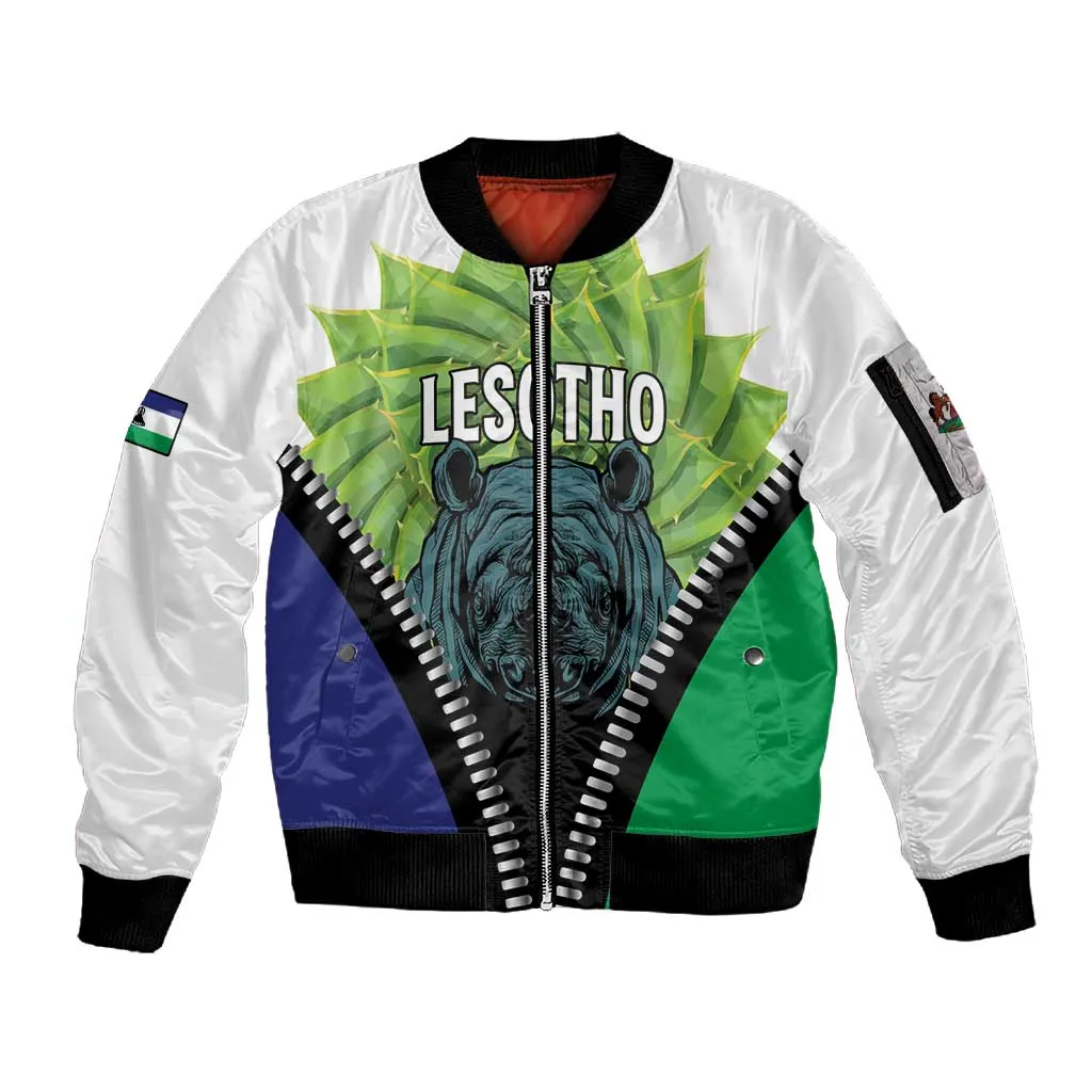 Personalised Afro Lesotho Sleeve Zip Bomber Jacket Black Rhinoceros Aloe Polyphylla LT15