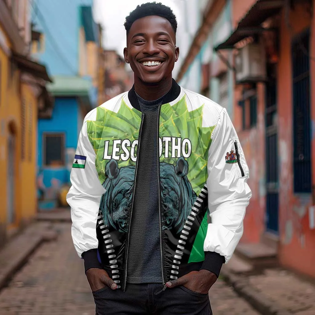 Personalised Afro Lesotho Sleeve Zip Bomber Jacket Black Rhinoceros Aloe Polyphylla LT15