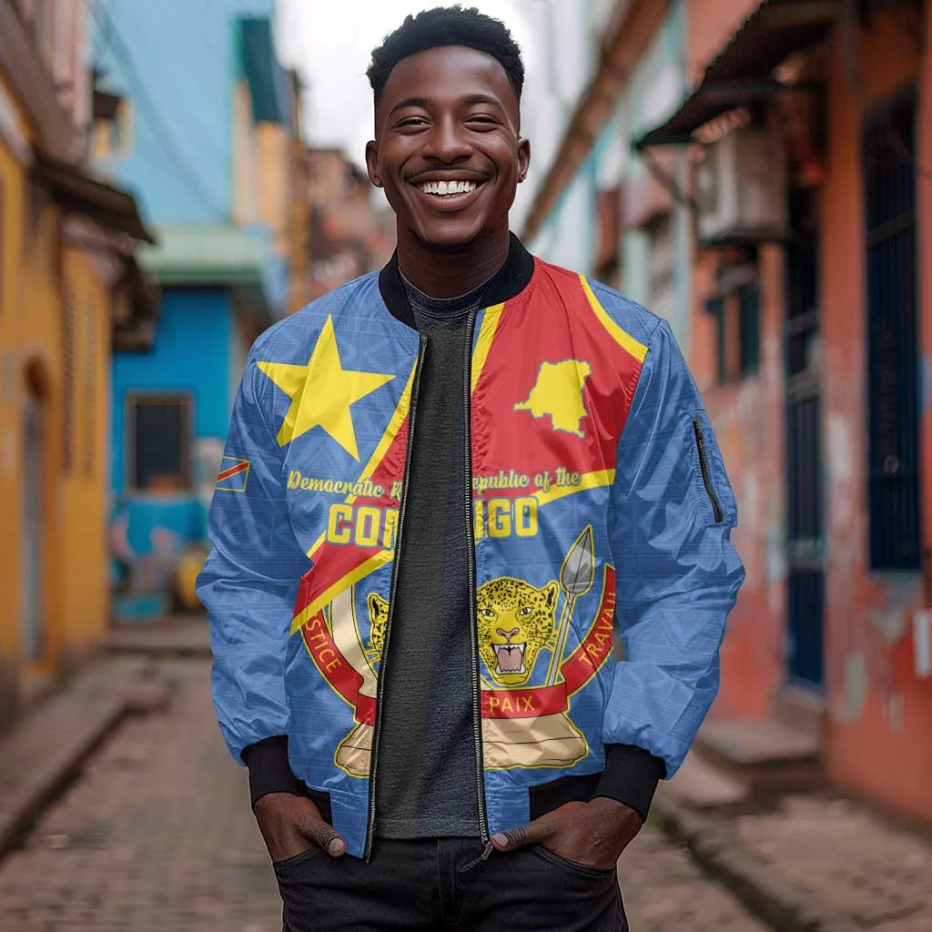 Personalised DR Congo Sleeve Zip Bomber Jacket Coat Of Arms With Map LT15