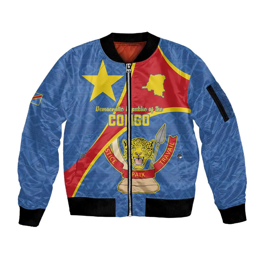 Personalised DR Congo Sleeve Zip Bomber Jacket Coat Of Arms With Map LT15